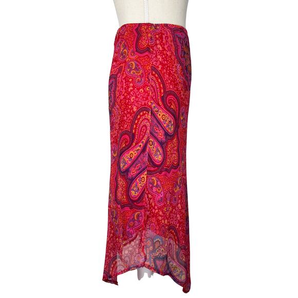 Y2K Boho Paisley Sheer Midi Skirt Red Pink Festival Retro Hippie Size 6 - Picture 2 of 5